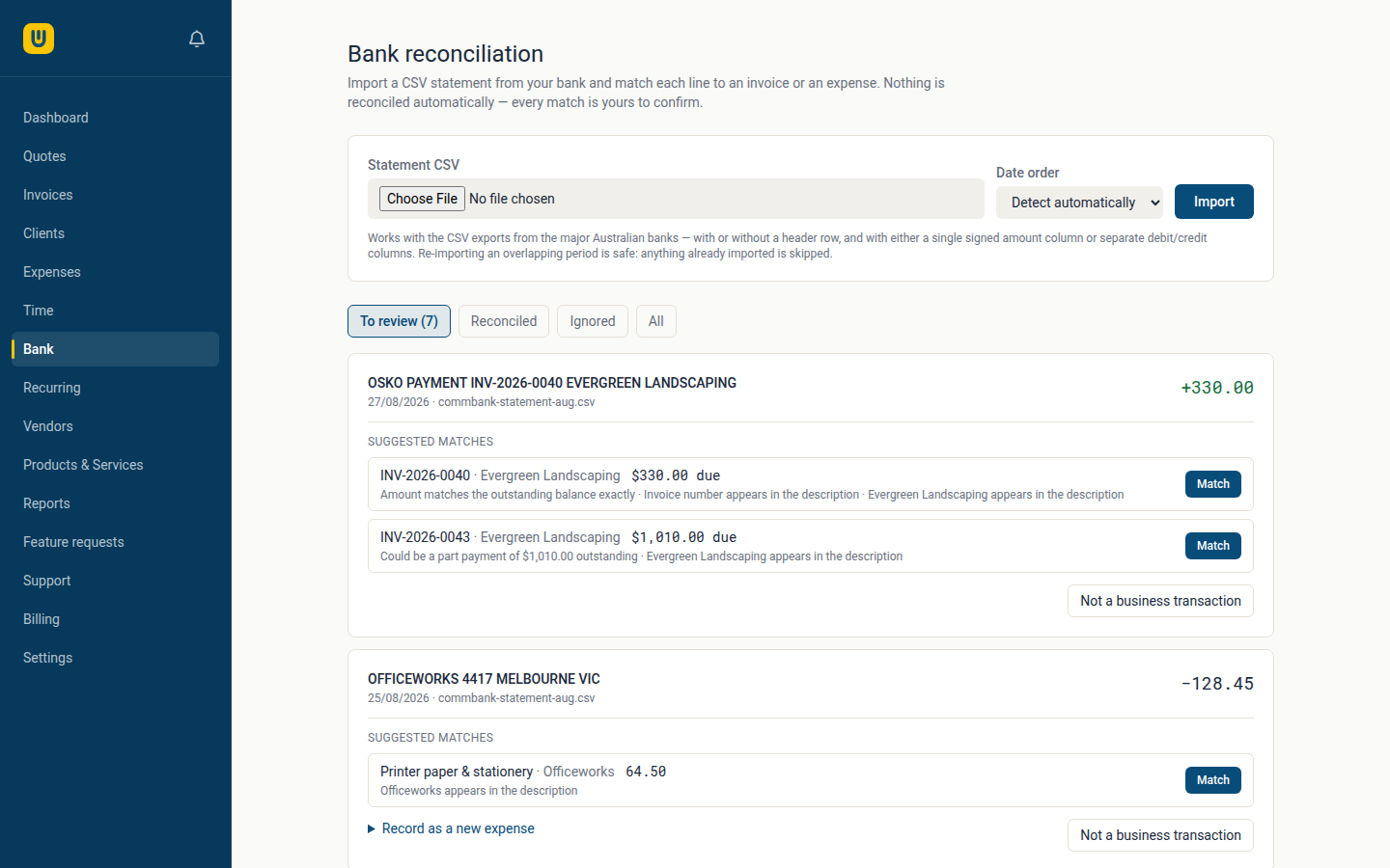 The Webrox bank reconciliation review queue, showing imported statement lines with suggested invoice and expense matches
