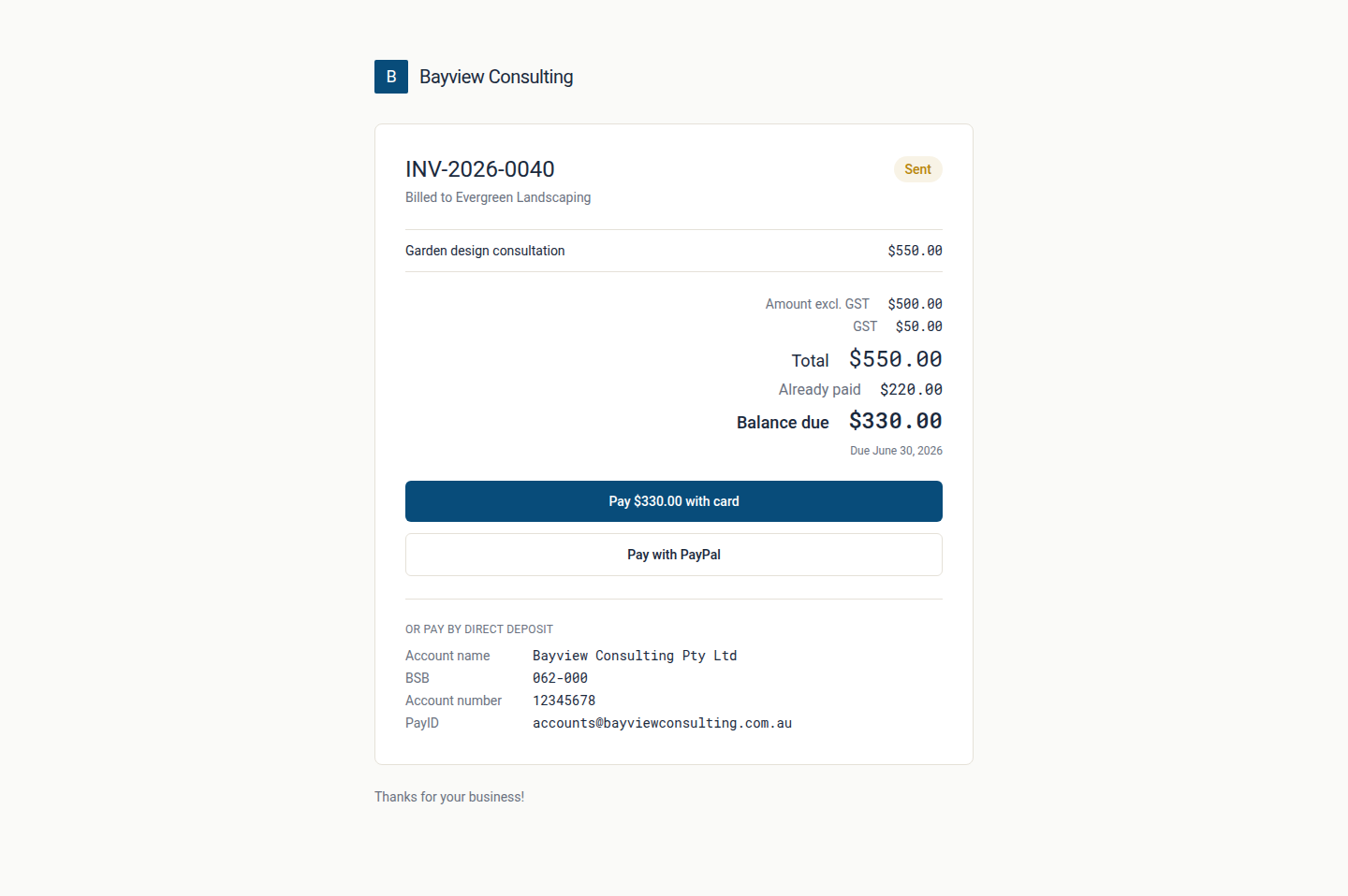 A client-facing invoice payment page, showing the invoice total, GST breakdown and due date