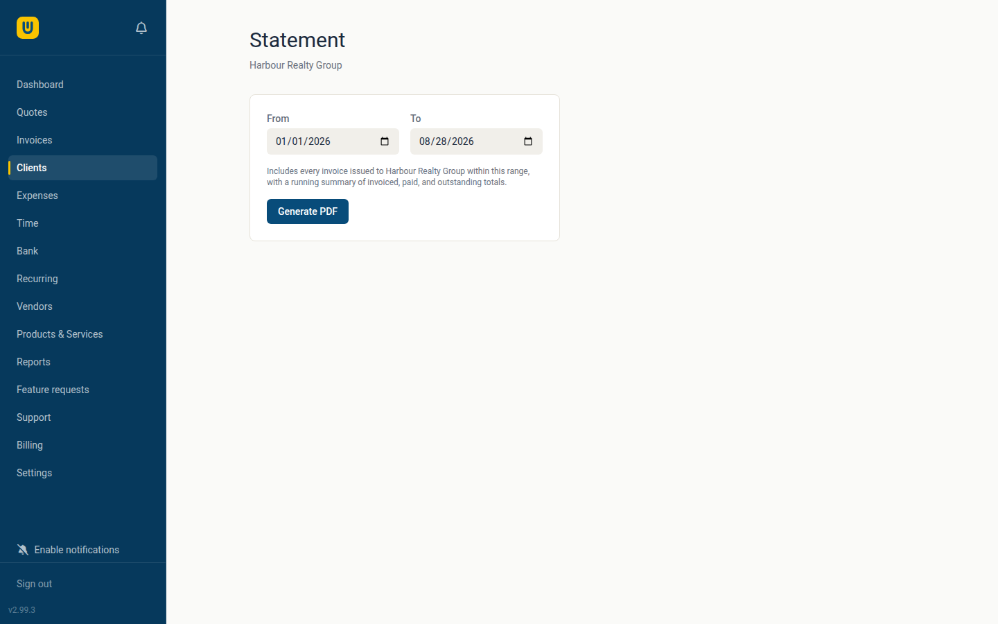 A client statement listing invoices raised, payments received and the outstanding balance for a period