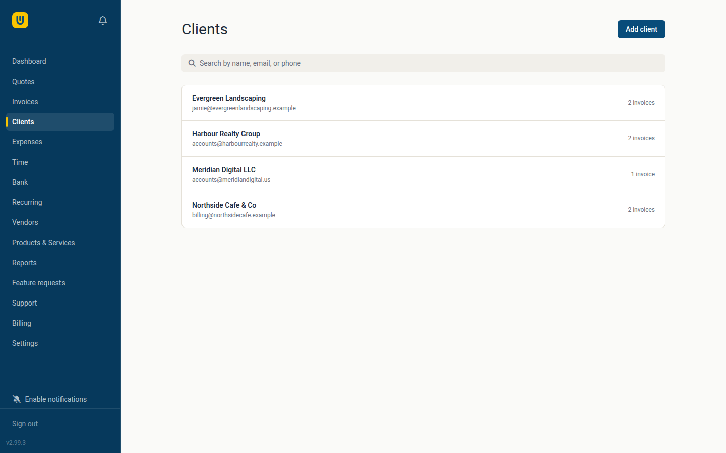 The Webrox clients list, with quick access to each client's invoice history and portal access