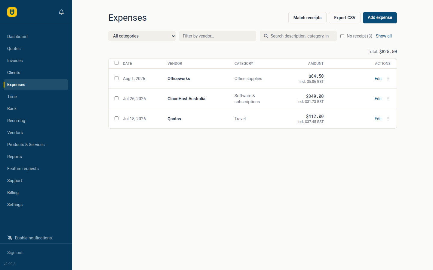 The Webrox expenses list, showing vendor, category, GST and amount for each expense