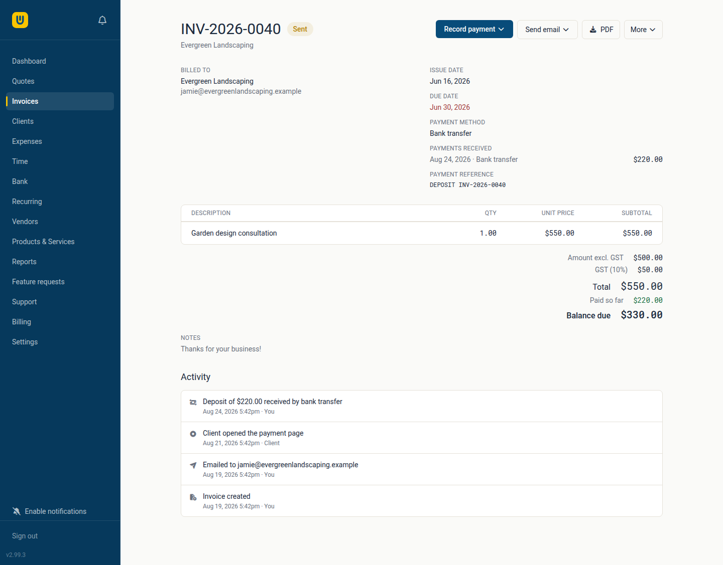 An invoice detail page showing line items, GST breakdown, payment method and full activity history
