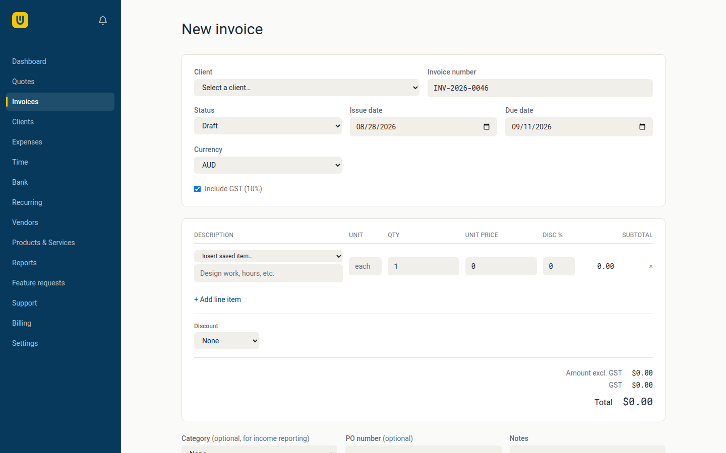 Creating an invoice in Webrox, with GST and totals updating live as line items are added