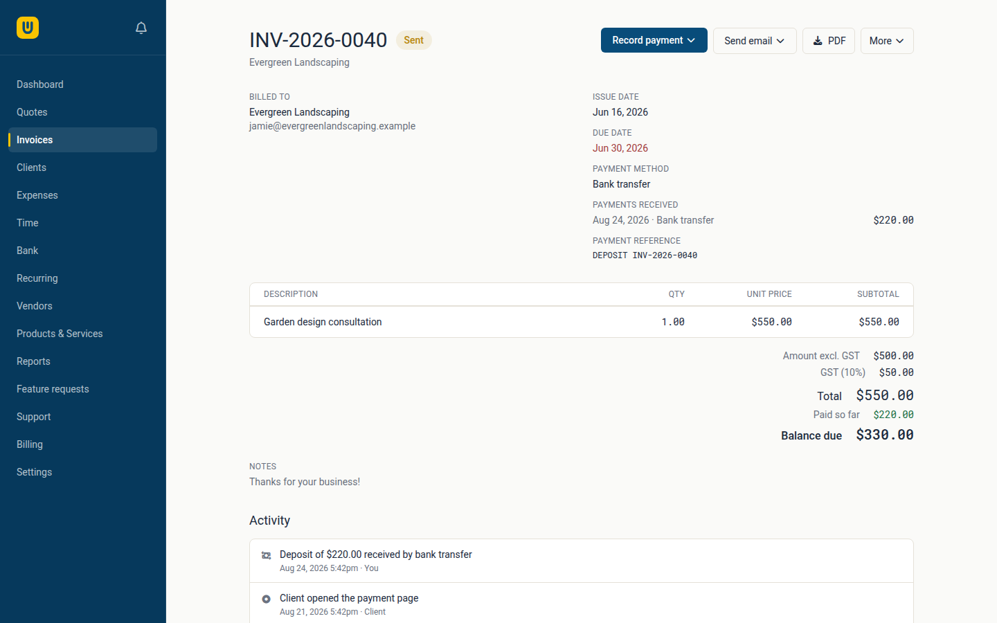 An invoice showing a deposit received, the amount paid so far, and the remaining balance due