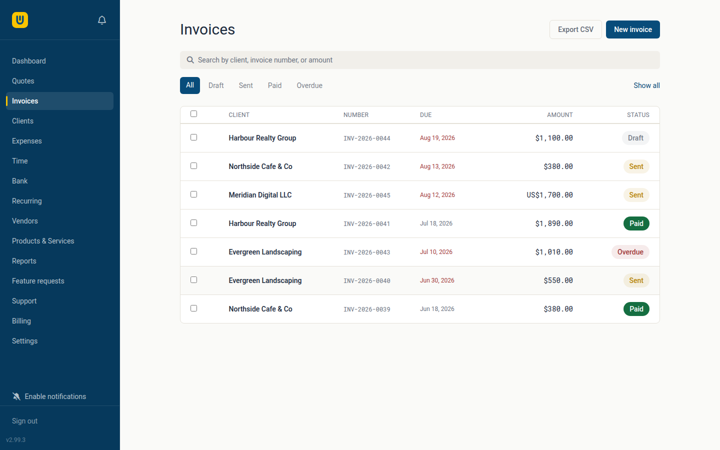 The Webrox invoices list, filterable by status — draft, sent, paid or overdue