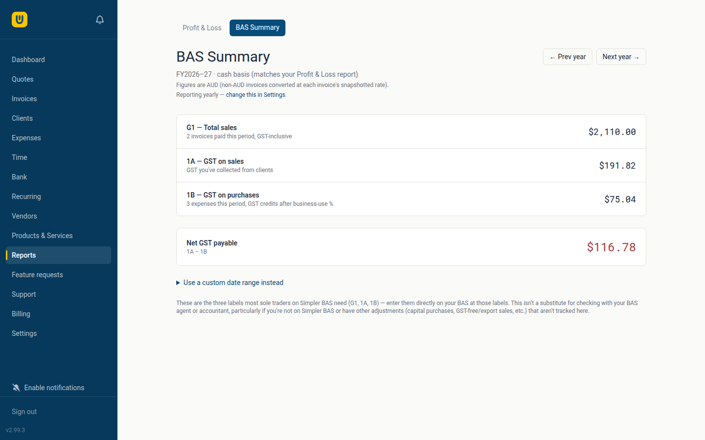 A BAS Summary report showing G1 total sales, 1A GST on sales, and 1B GST on purchases, calculated automatically