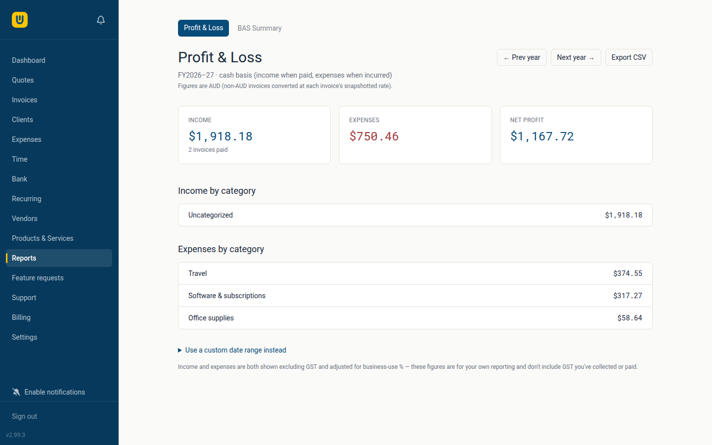 A cash-basis Profit and Loss report for an Australian financial year