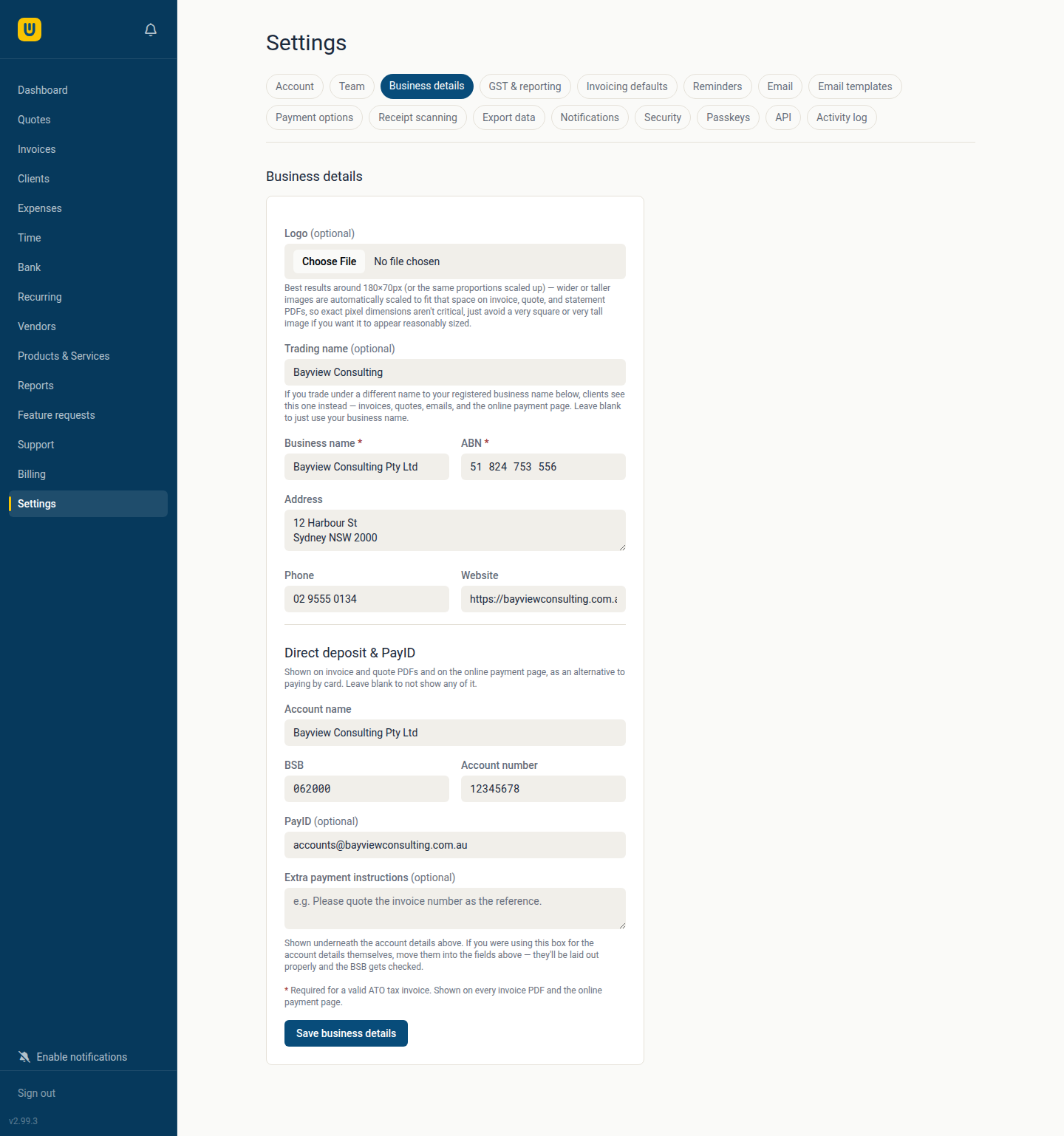 The Webrox settings page, showing business details, GST, payments, data export and security configuration