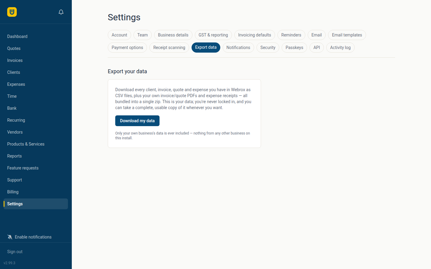 The Export your data settings page, with a one-click Download my data button