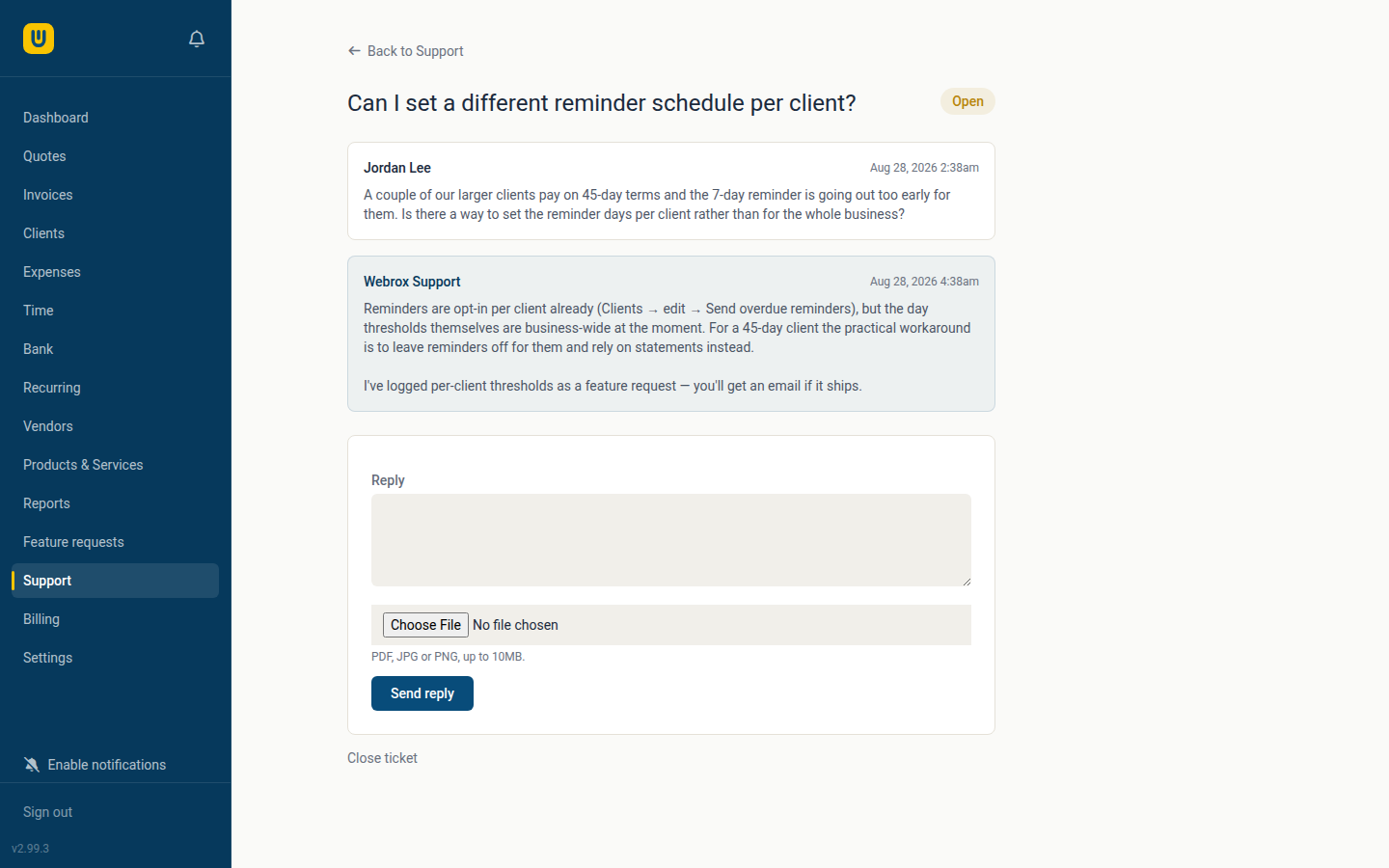 A Webrox support ticket showing a question from a business owner and a reply from Webrox Support