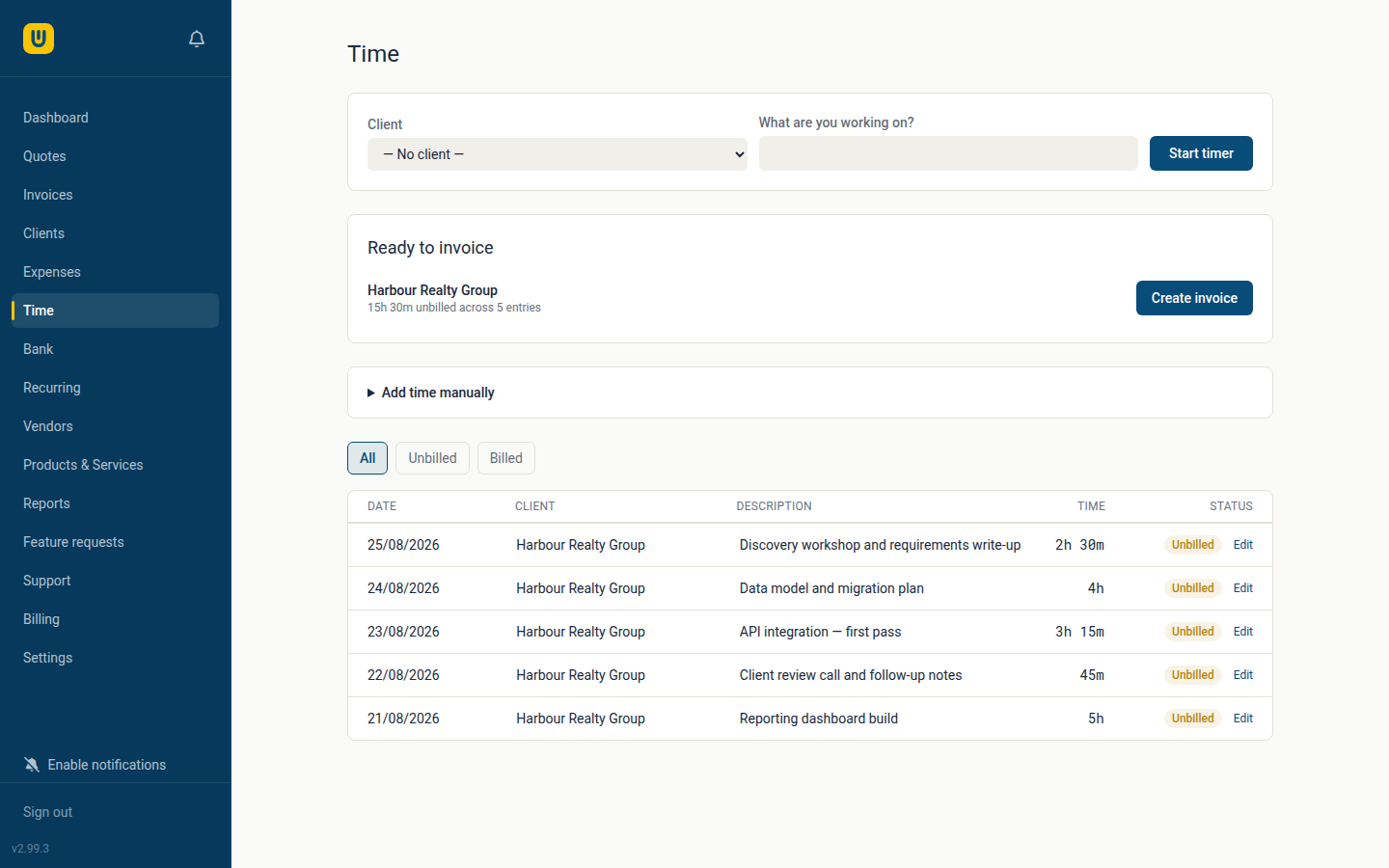 The Webrox time tracking page, showing a running timer, unbilled hours totalled per client, and a list of tracked entries